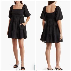 Nordstrom WAYF Black Square Neck Puff Sleeve Dress